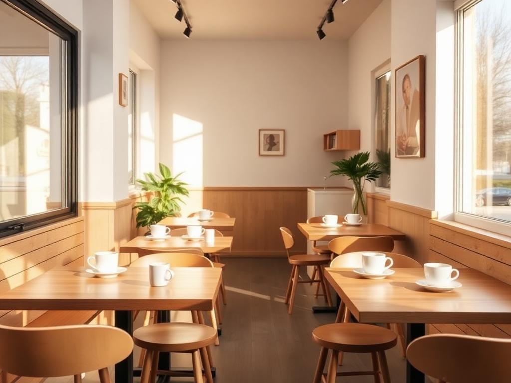 Ljust caféinteriör med träbord